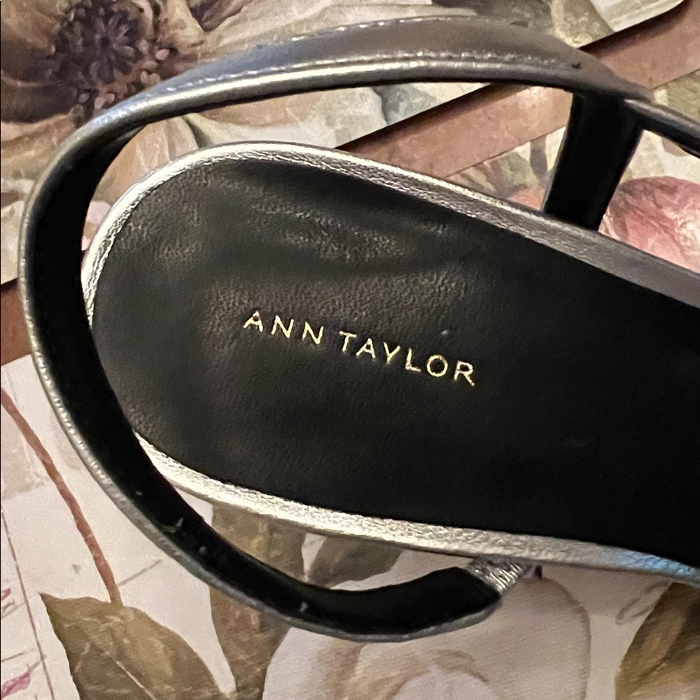 Ann Taylor Metallic Silver Slingback Block Heels with Black Cap Toe - Picture 2 of 5